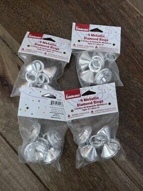 Metallic Silver Diamond Rings 4 Packs - 16 Rings Total Party Favors/cupcakes Etc